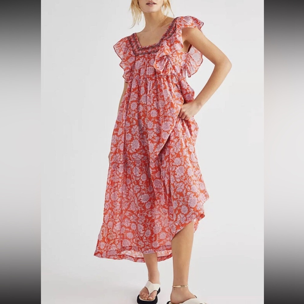 Free People Bonita Floral Midi Dress Small Red Boho Flutter Sleeve Cottagecore